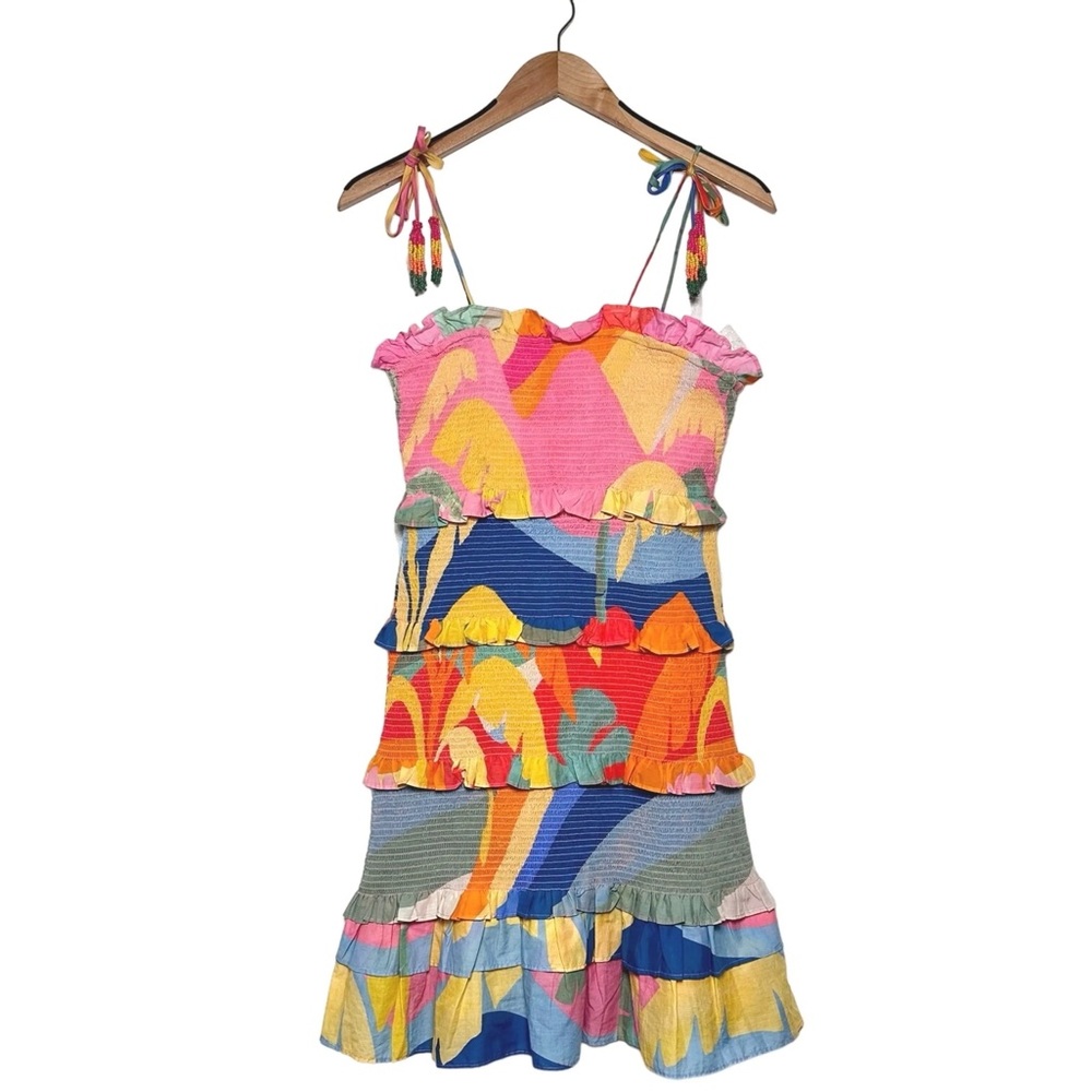 FARM Rio Pink and Yellow Ruffled Tiered Sundress
